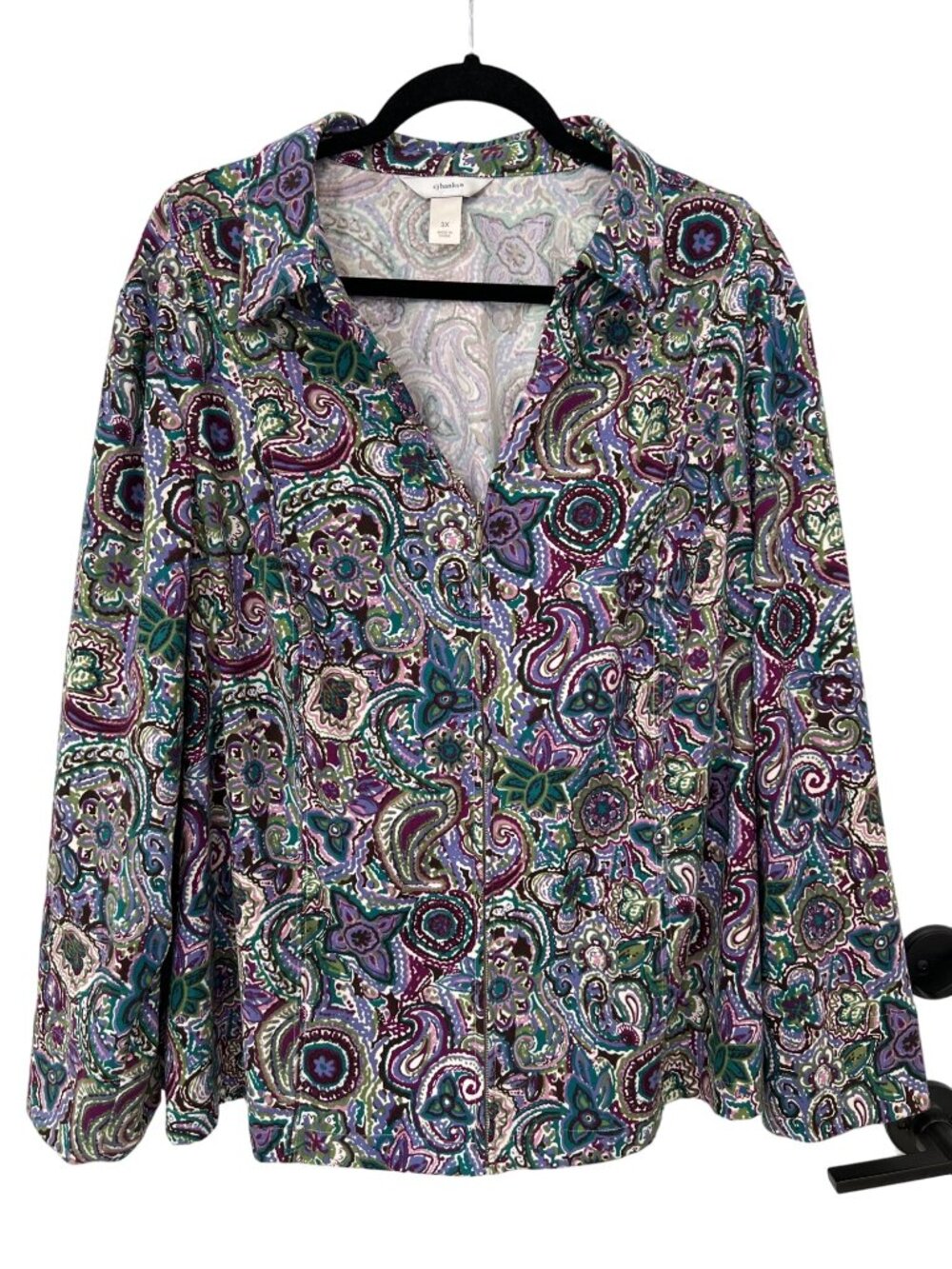 CJ Banks Shirt Size 3X Full Zip Floral Paisley V Neck Peachskin Long Sleeve Boho